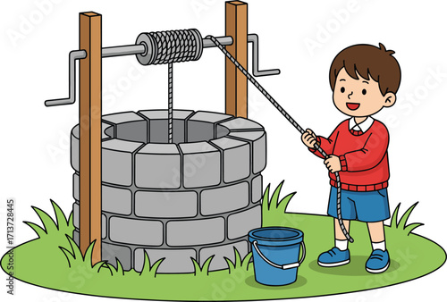"Happy boy drawing water from stone well, traditional water source concept, child learning outdoor skills, vintage hand pump system, rural life scene"