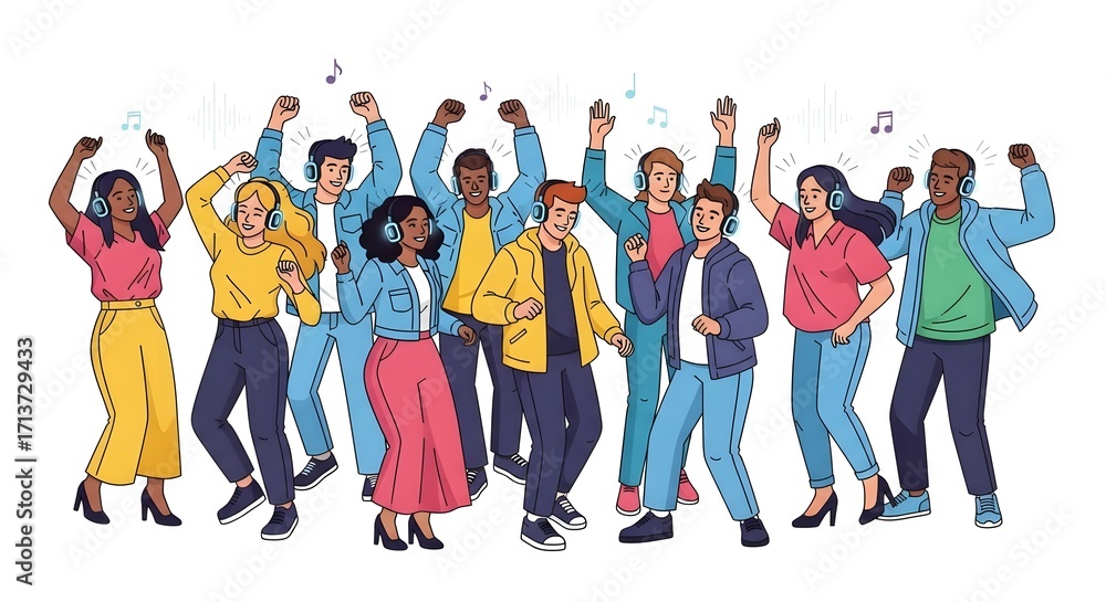Fototapeta premium Diverse Group of People Dancing with Headphones