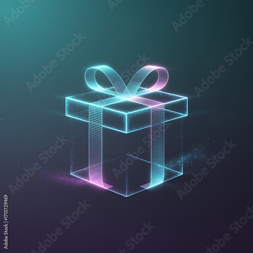Neon outline gift box with particles.