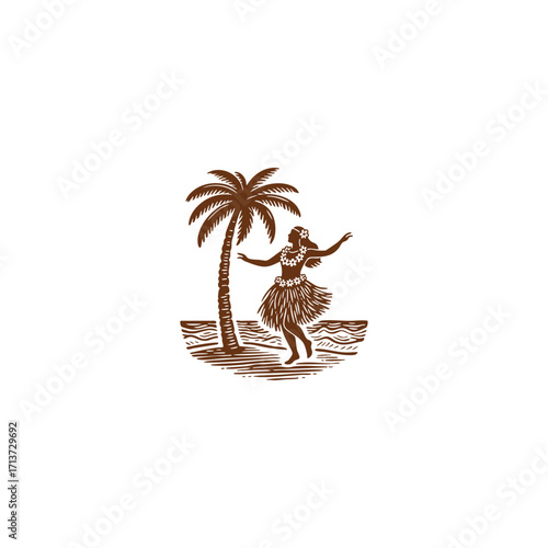 engraving style illustration featuring a Polynesian woman performing the Hula dance on a sandy beach, with a palm tree and ocean waves in the background