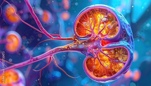 Kidney nephron magnified, vibrant microscopic detail