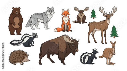 Wild Animal Pack: A charming illustration presents a collection of woodland creatures, including a bear, wolf, fox, moose, deer, skunk, hedgehog, bison, and kangaroo.