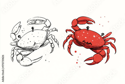 Crab Sketch Duo Illustration Two Crabs One in Color and One in Black and White