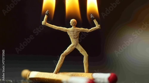Figure made of matches standing atop matches with flames against a dark backdrop