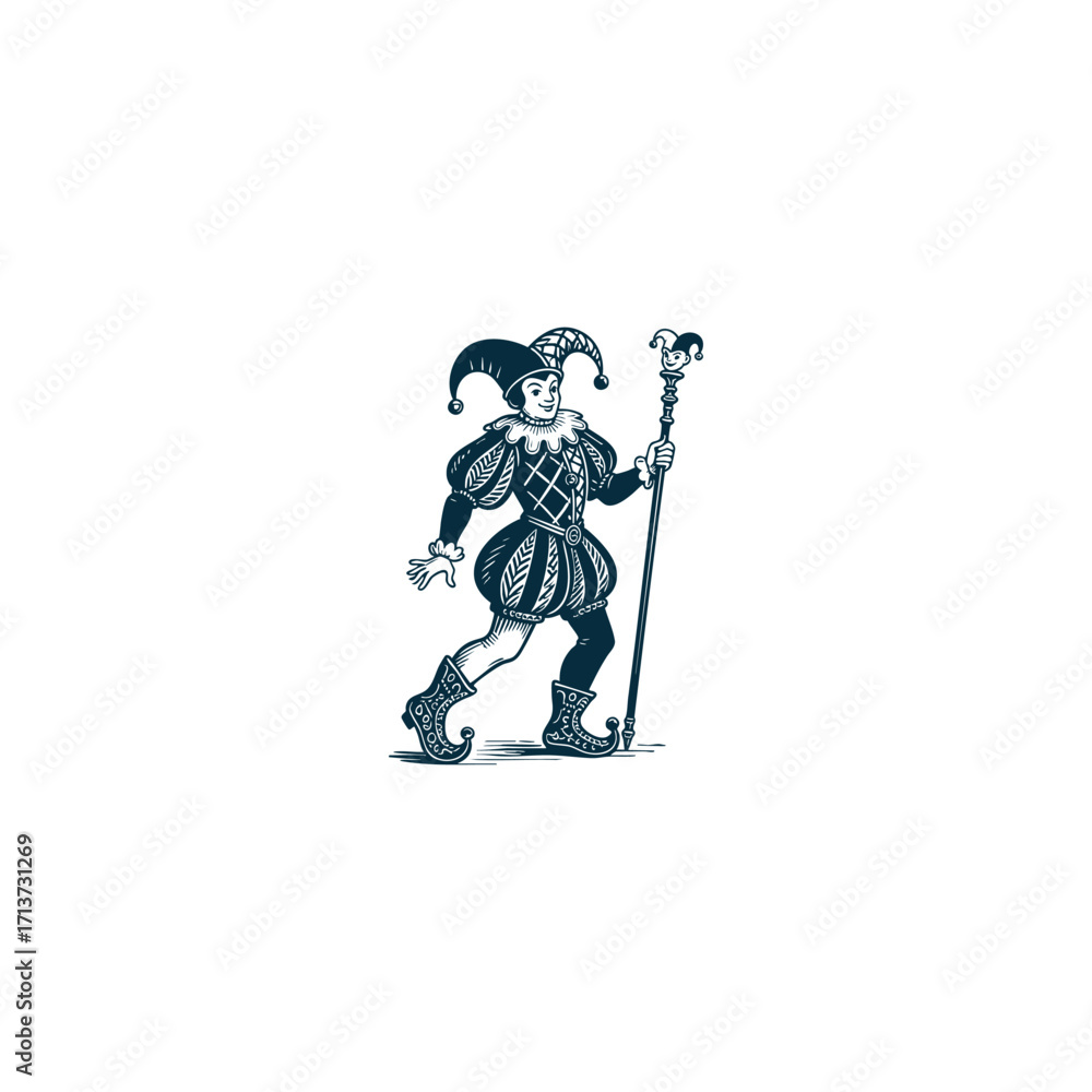 Obraz premium engraving style logo or illustration featuring a medieval jester or fool standing in a dynamic, theatrical pose, holding a royal scepter or marotte