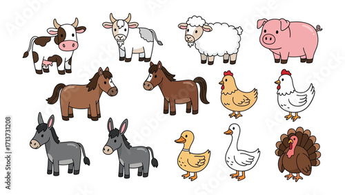Farm Animals in Illustration: Charming illustration of various farm animals, perfect for educational resources, children's books, and agricultural themes.