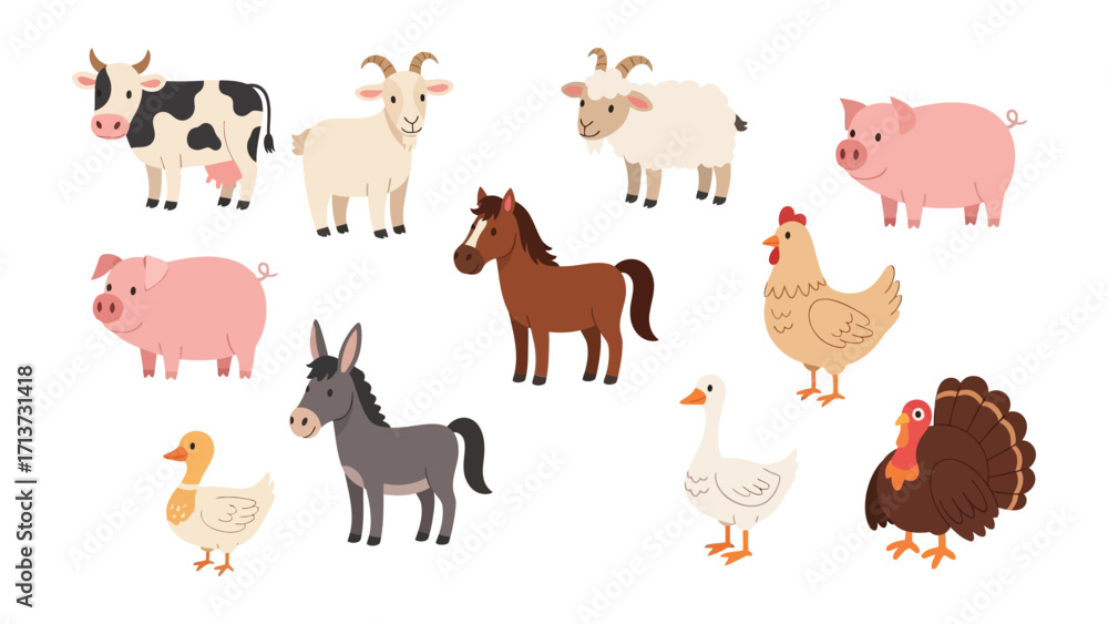 Obraz premium Farm Animal Cartoon Collection: A delightful cartoon illustration showcases a collection of diverse farm animals, each with unique characteristics.