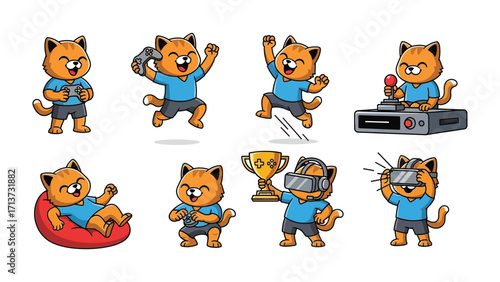 Cartoon Cat Gamer: A collection of cute cartoon cats immersed in the gaming world, showcasing various gaming scenarios from victory and virtual reality to relaxed gaming sessions.