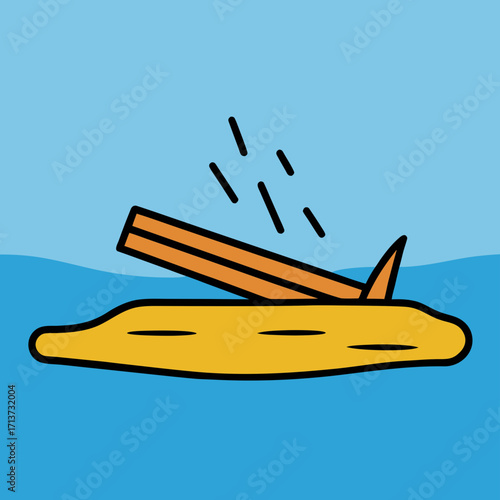Beach driftwood illustration of a surfboard breaking apart in blue water