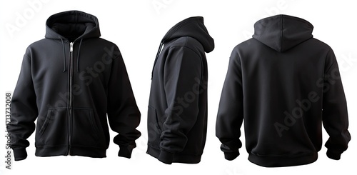 Black zip-up hoodie, multiple views