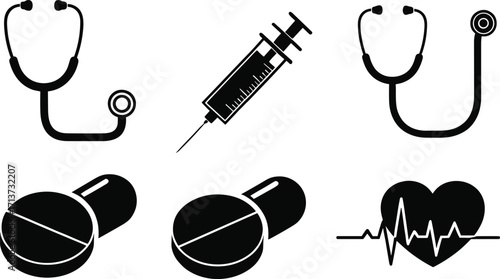Black and white vector icons of stethoscopes, syringe, pills, and heart with heartbeat line