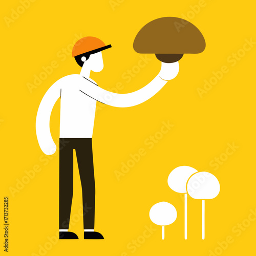 Cartoon man in orange hat holding a mushroom with other mushrooms nearby