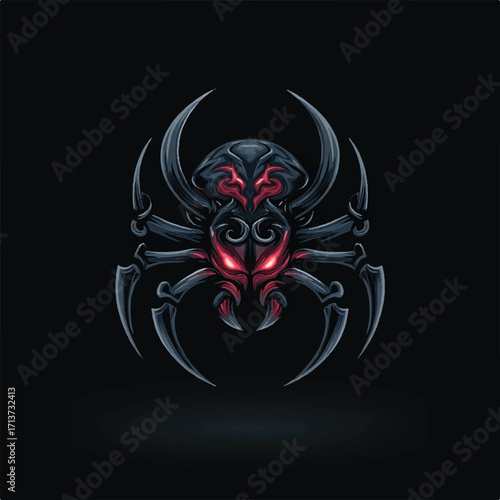 Dark Fantasy Spider Illustration with Glowing Red Eyes and Sharp Legs in Black Background