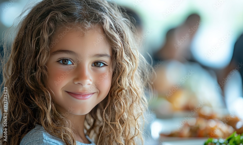 Fototapeta premium A smiling young girl with curly hair