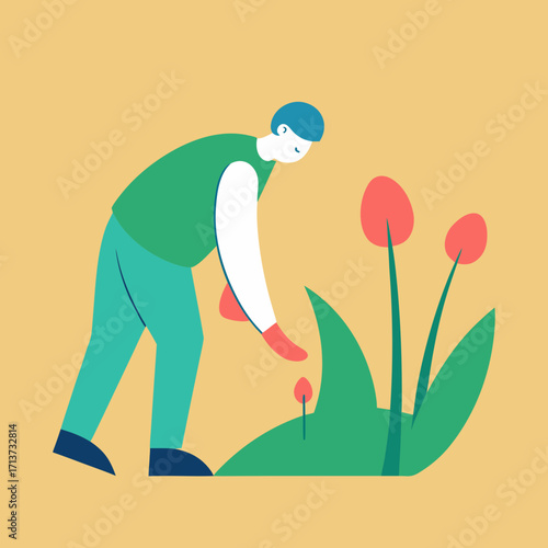 Gardener tending to plants with red flowers and green leaves on a yellow background