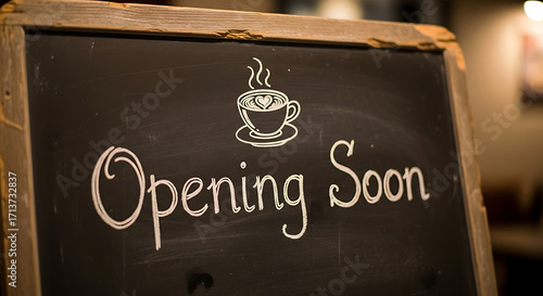 Chalkboard sign with opening soon and coffee cup drawing