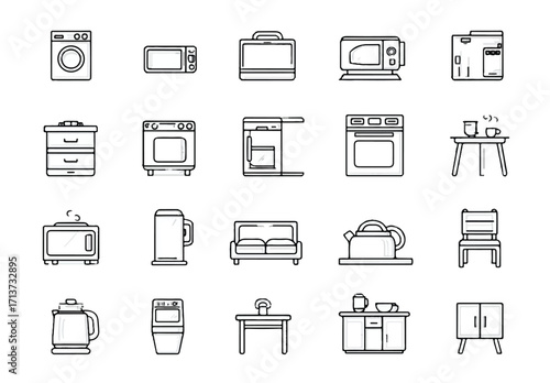 Collection of simple line drawing vector icons representing essential home appliances and furniture items
