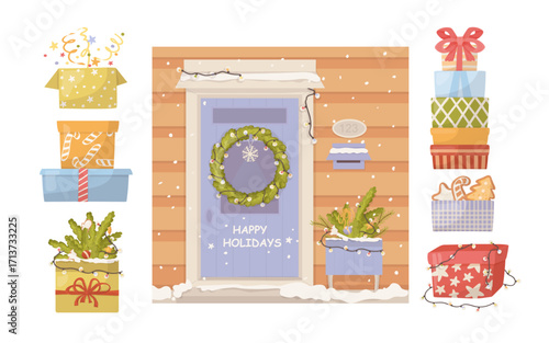 Festive entrance door adorned with Christmas wreath. Cute vector set  of holiday boxes designs, Christmas greetings and seasonal gifts.