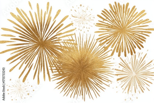 Gold and off-white firework bursts, textured, radiating outward on white background; celebratory, festive design