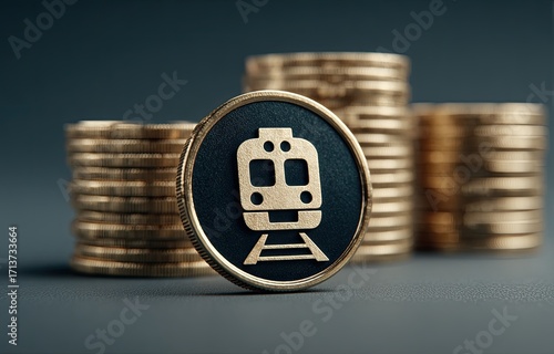 A gold-rimmed coin featuring a train icon rests before stacks of gold coins, suggesting transportation costs or investment