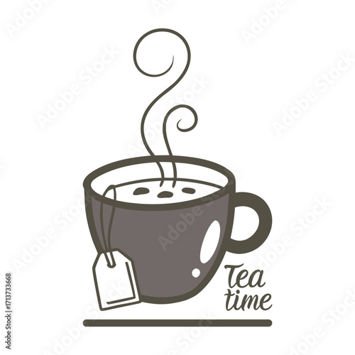 Dark gray teacup with steam and tea bag text tea time drink beverage
