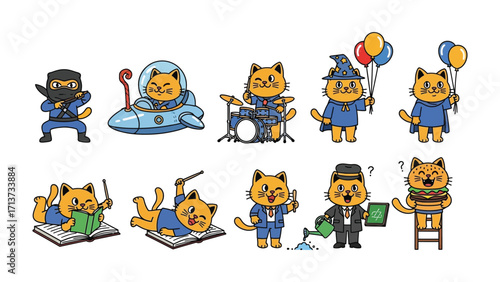 Whimsical Cat Collection: A vibrant illustration showcases a delightful ensemble of anthropomorphic cats engaged in a variety of charming roles, capturing the imagination with playful energy.