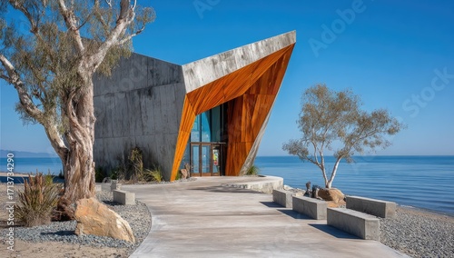 Wallpaper Mural Modern concrete and wood structure, angular design, seaside location, path leading to entrance, trees flanking, bright sunny day Torontodigital.ca