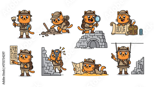 Adventure Cat Set : Captivating collection of cartoon cats embarking on exciting archeological adventures, exploring ancient ruins and uncovering hidden treasures.