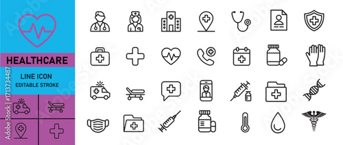 Healthcare set of web icons in line style. Medicine and Health Care linear icon collection. Containing emergency, doctor, treatment, medical, report, diagnosis, health, White baground Iconset