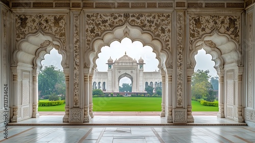 Majestic Indian Mughal architectural white marble corridor with intricate carvings, arched doorways leading to green lawn, geometric patterned floor, empty scene.