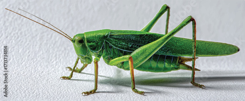 Detailed macro photograph of a green grasshopper showing intricate body parts and antenna on textured surface