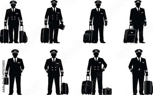 Airline pilot silhouette set, black, uniformed professionals standing with luggage, briefcases, travel-ready poses, vector, isolated aviation posture bundle