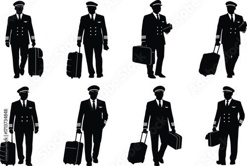 Airline pilot silhouette set, black, uniformed professionals walking, pulling suitcases, traveling, vector, isolated aviation and mobility bundle