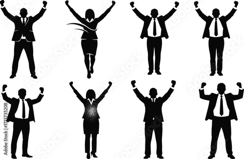 Business celebration silhouette set, black, professionals cheering with raised arms, suits and ribbons, vector, isolated success and motivation posture bundle
