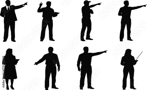 Business gesture silhouette set, black, professionals pointing, presenting, holding clipboards, teaching, vector, isolated posture and communication bundle