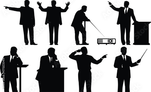 Business presentation silhouette set, black, professionals gesturing, pointing, thinking, podium poses, vector, isolated communication and speech bundle
