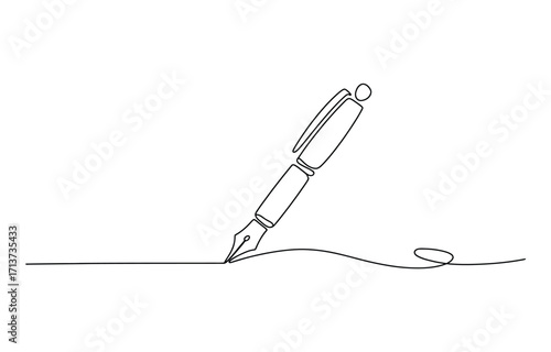 A simple, clean line drawing depicts a fountain pen gracefully writing a flowing, wavy line with a small loop at the end. Perfect for themes of creativity and writing.