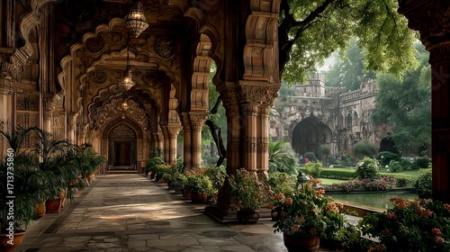 Majestic Indian Mughal architectural white marble corridor with intricate carvings, arched doorways leading to green lawn, geometric patterned floor, empty scene.