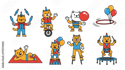 Circus Cat Performance: A vibrant collection of charming cartoon cats showcase their circus skills, each act bringing a burst of fun and flair.