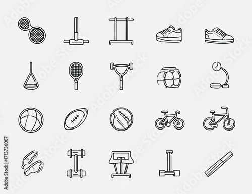 Diverse sports equipment icons including balls rackets shoes bikes and more for active lifestyles