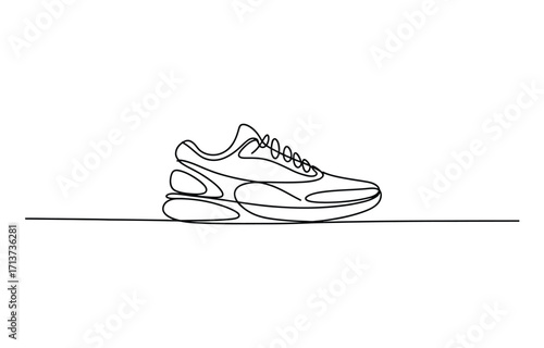 Minimalist line drawing of a modern athletic sneaker on a thin horizontal line vector