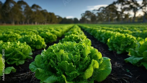 Green lettuce head growing large farm field with rows of fresh leafy vegetables clear sky showcasing healthy organic agriculture natural growth lush green lettuce growing neat rows farm field clear