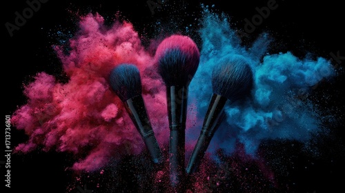 Dynamic Clash of Color - Makeup Brushes in a Vibrant Pink and Blue Powder Explosion.