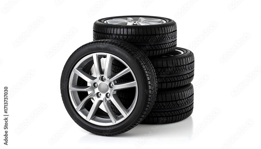 Obraz premium Stacked car tires and rims on white background
