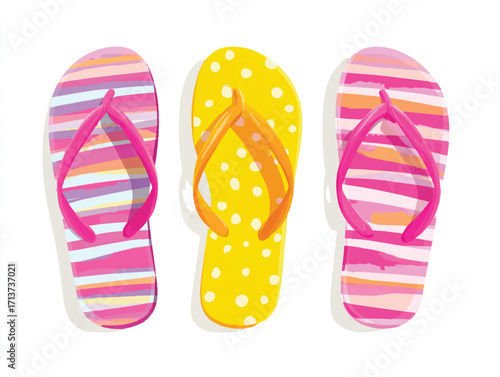 Colorful flip flops summer footwear featuring striped and polka dot designs vacation essentials summer fun summer vibes