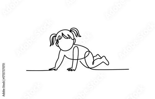 Minimalist single line drawing of a baby girl crawling forward in playful motion vector
