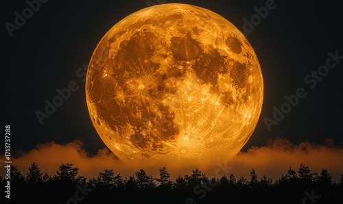 Orange moon rising above clouds and trees at night