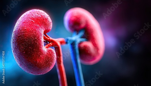 Fototapeta Naklejka Na Ścianę i Meble -  Close-up 3D rendering of a pair of human kidneys, detailed texture, vibrant red, connected by vessels against a dark, moody backdrop