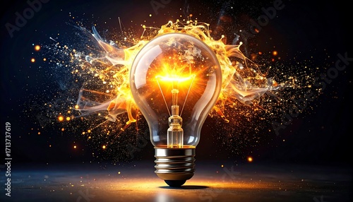 Burning lightbulb, fiery explosion