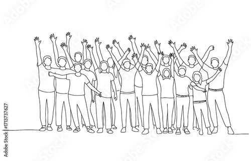 A clean, minimalist line drawing captures the joyous energy of a crowd, with individuals raising their arms in unison. This monochrome artwork evokes a sense of triumph and collective excitement, perf